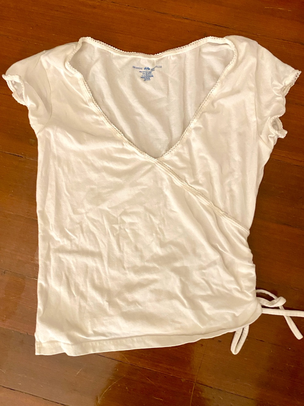 Brandy Melville White Lace-trimmed, Ruched, Wrap/Style Tee